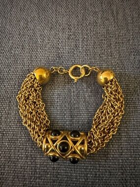 Monet Multi strand Etruscan Style Gold Tone Vintage Bracelet w/Black Cabochons.